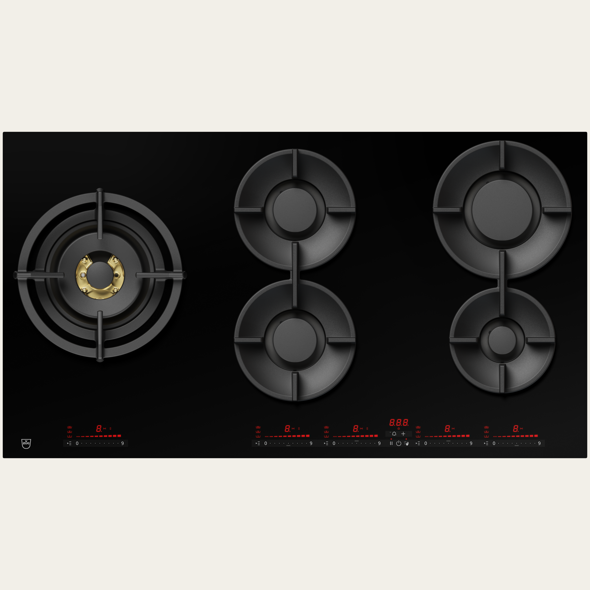 V-ZUG Hob GAS951GS, gas, Standard width: 90 cm, BlackDesign, DualDesign, Multi-Slider/direct selection, Slider control, Cooking zones: 5