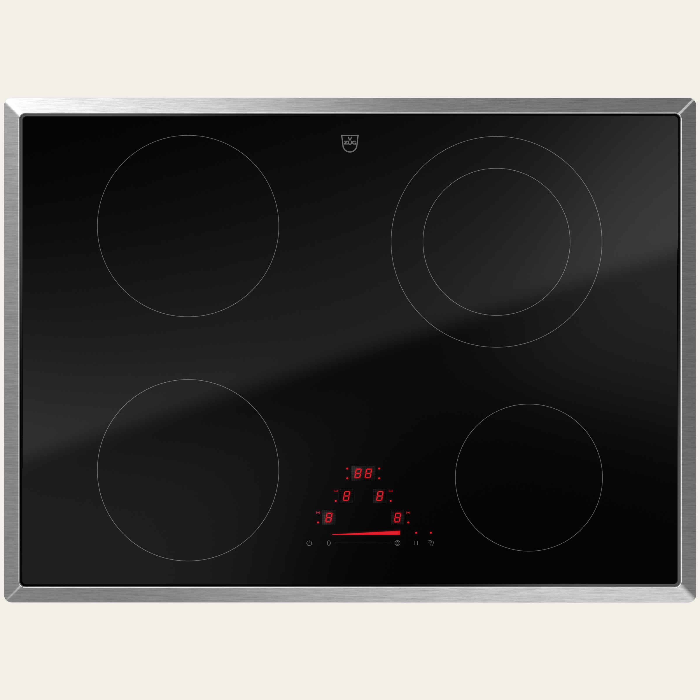 V-ZUG Hob CookTop V4000 A704, radiant heating element, Standard width: 70 cm, BlackDesign, Chrome frame, Single slider, Slider control, Cooking zones: 4