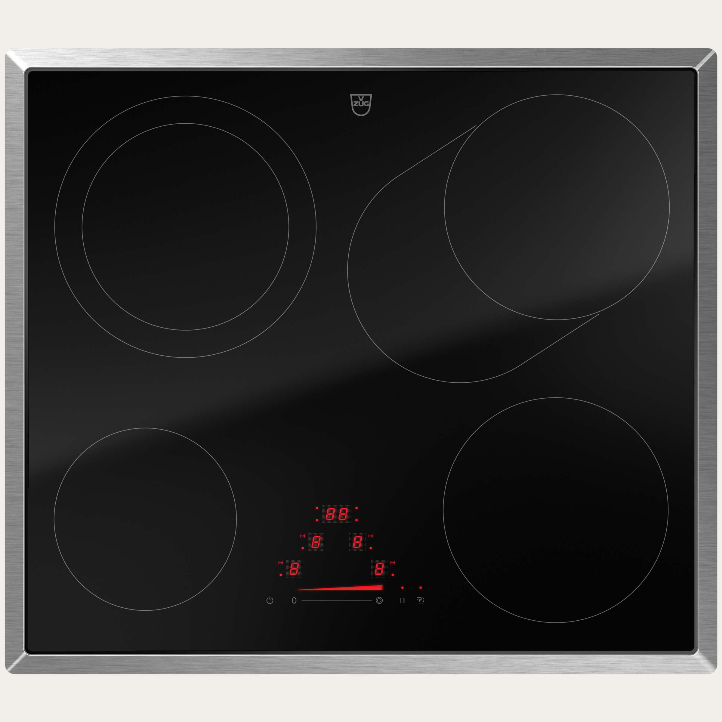 V-ZUG Table de cuisson CookTop V4000 A604B, Corps dechauffe à rayonnement, Norme largeur: 60 cm, BlackDesign, Cadre chrome, Slider simple, Commande par «slider», Zones de cuisson: 4