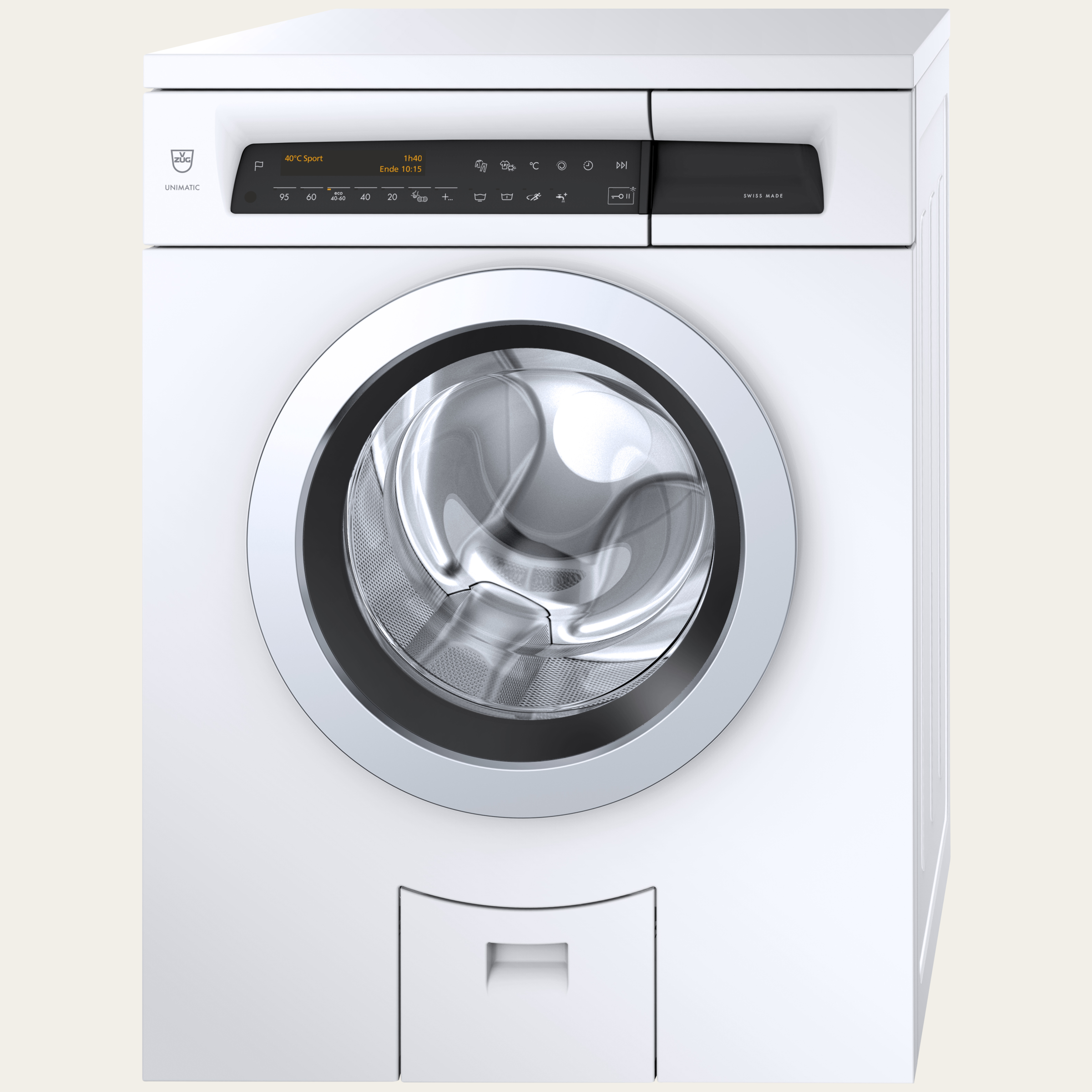 V-ZUG Machine à laver UnimaticLavage V4000, Charnière: gauche, Design porte: ChromeClass, Texte clair, Fonction spéciale raccord eau chaude, Capacité nominale: 8 kg