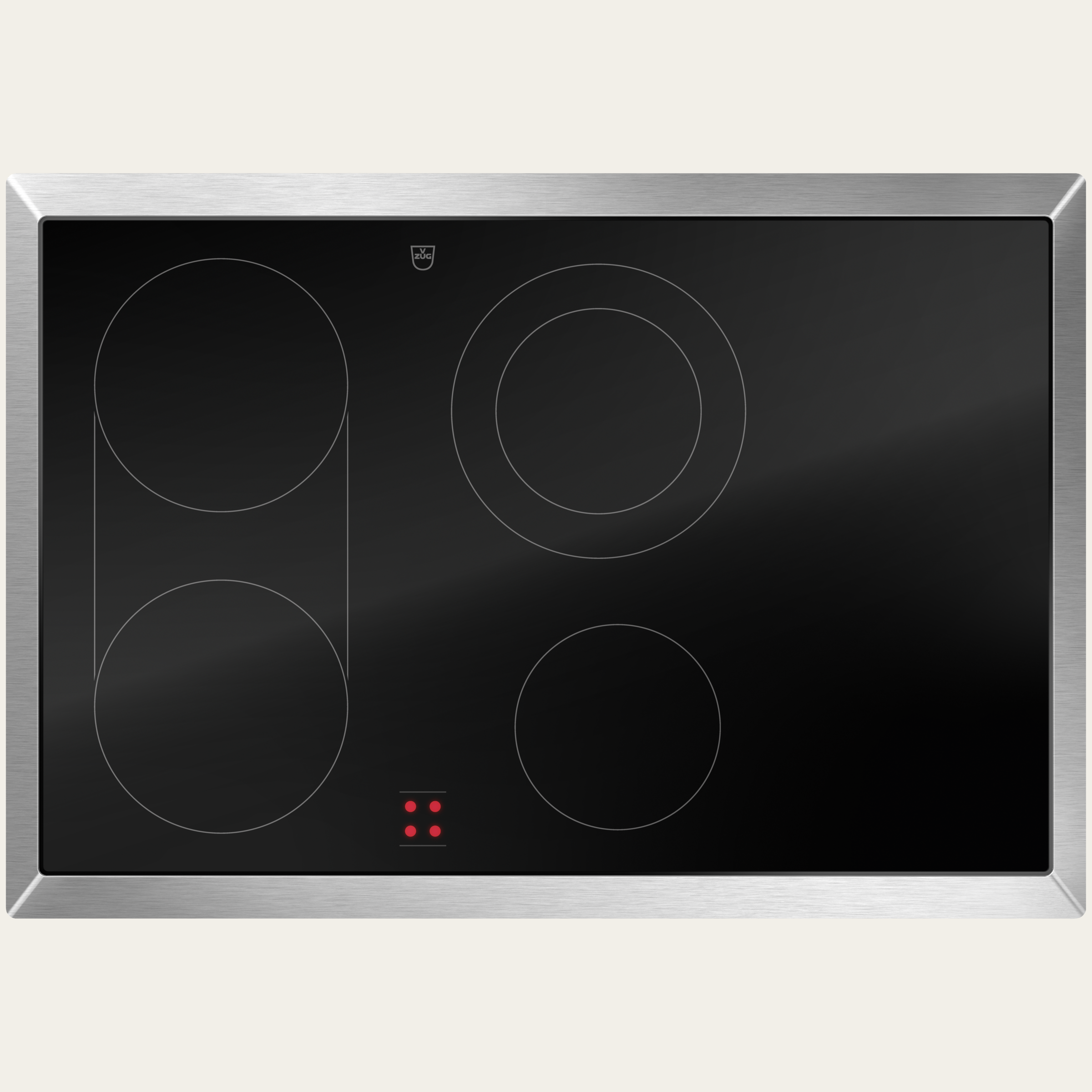 V-ZUG Table de cuisson CookTop V600 E804, Corps de chauffe à rayonnement, Norme largeur: 80 cm, BlackDesign, Cadre chrome, Commande externe de la cuisinière / Commutateur rotatif, Zones de cuisson: 4