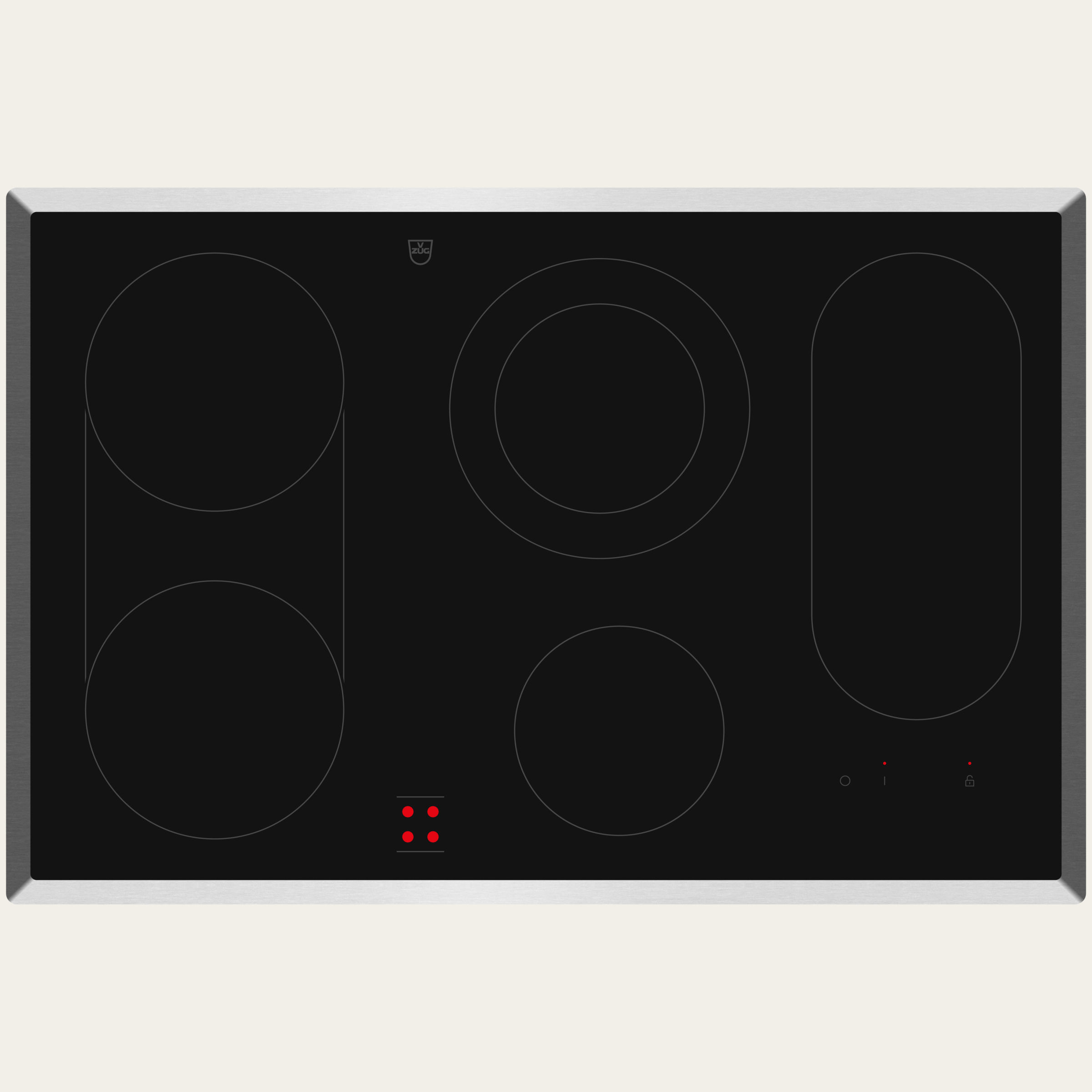 V-ZUG Hob CookTop V600 E804B, radiant heating element, Standard width: 80 cm, BlackDesign, Chrome frame, External operation via cooker, Cookingzones: 4