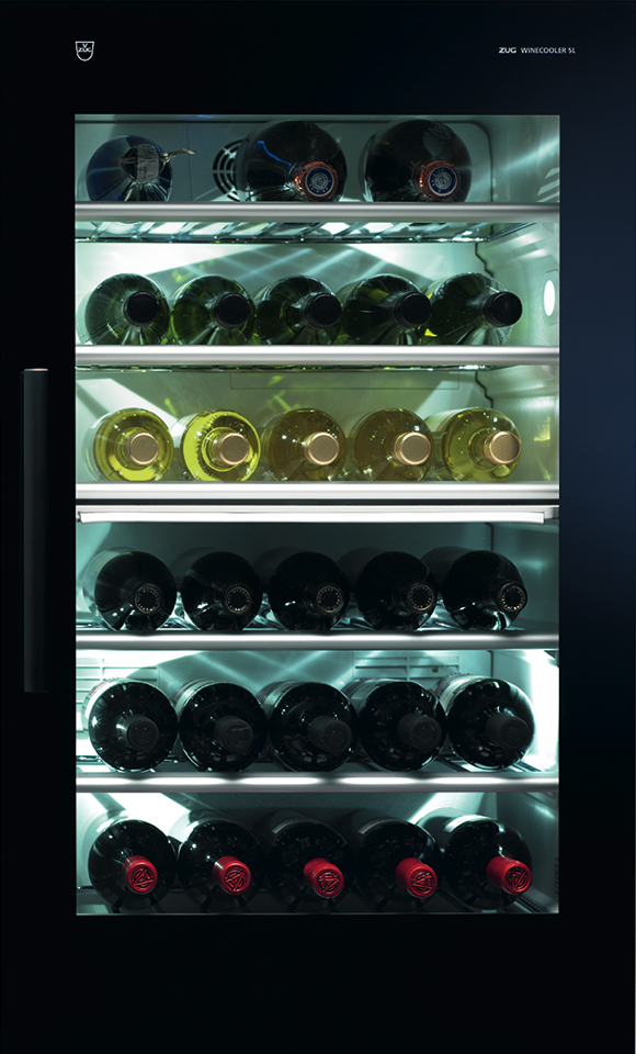 V-ZUG Winecooler SL 60, Breite 60 cm, Design Spiegelglas, Designgriff Nero, Türbandung links