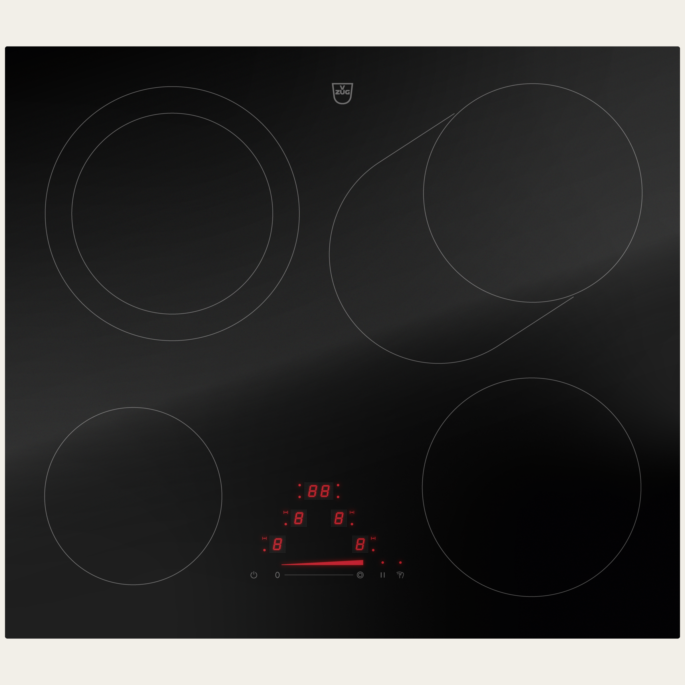 V-ZUG Table de cuisson CookTop V4000 A604B, Corps de chauffe à rayonnement, Norme largeur: 60 cm, BlackDesign, DualDesign, Slider simple, Commande par «slider», Zones de cuisson: 4