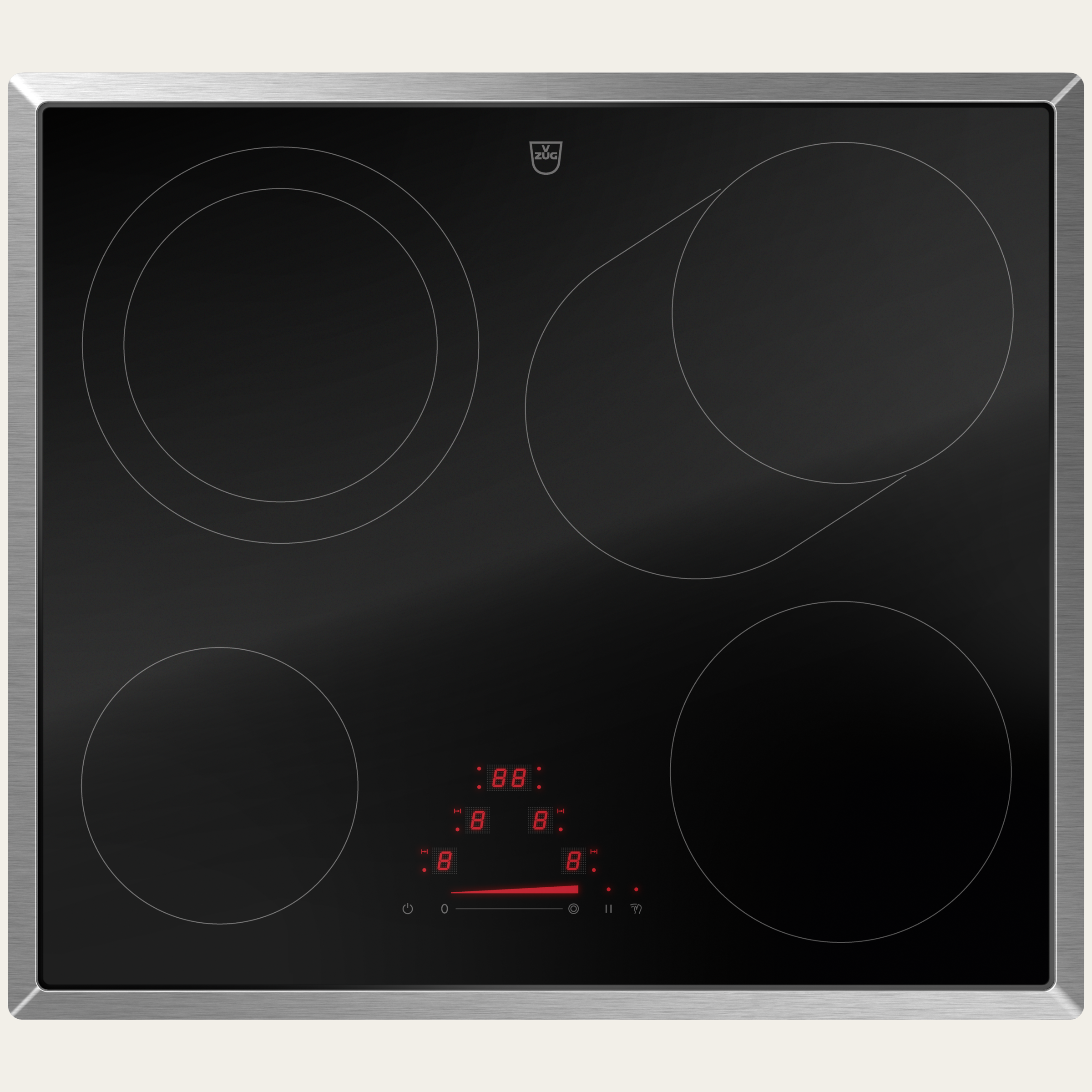 V-ZUG Table de cuisson CookTop V4000 A604B, Corps de chauffe à rayonnement, Norme largeur: 60 cm, BlackDesign, Cadre chrome, Slider simple, Commande par «slider», Zones de cuisson: 4