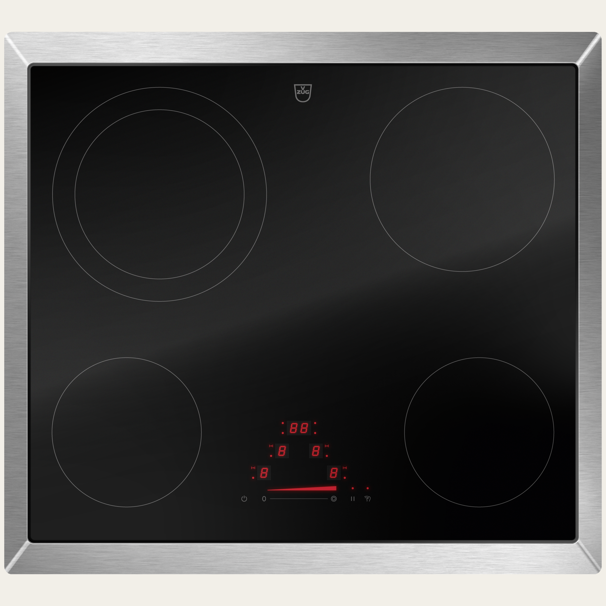 V-ZUG Table de cuisson CookTop V4000 A604, Corps de chauffe à rayonnement, Norme largeur: 60 cm, BlackDesign, Cadre chrome, Slider simple, Commande par «slider», Zones de cuisson: 4