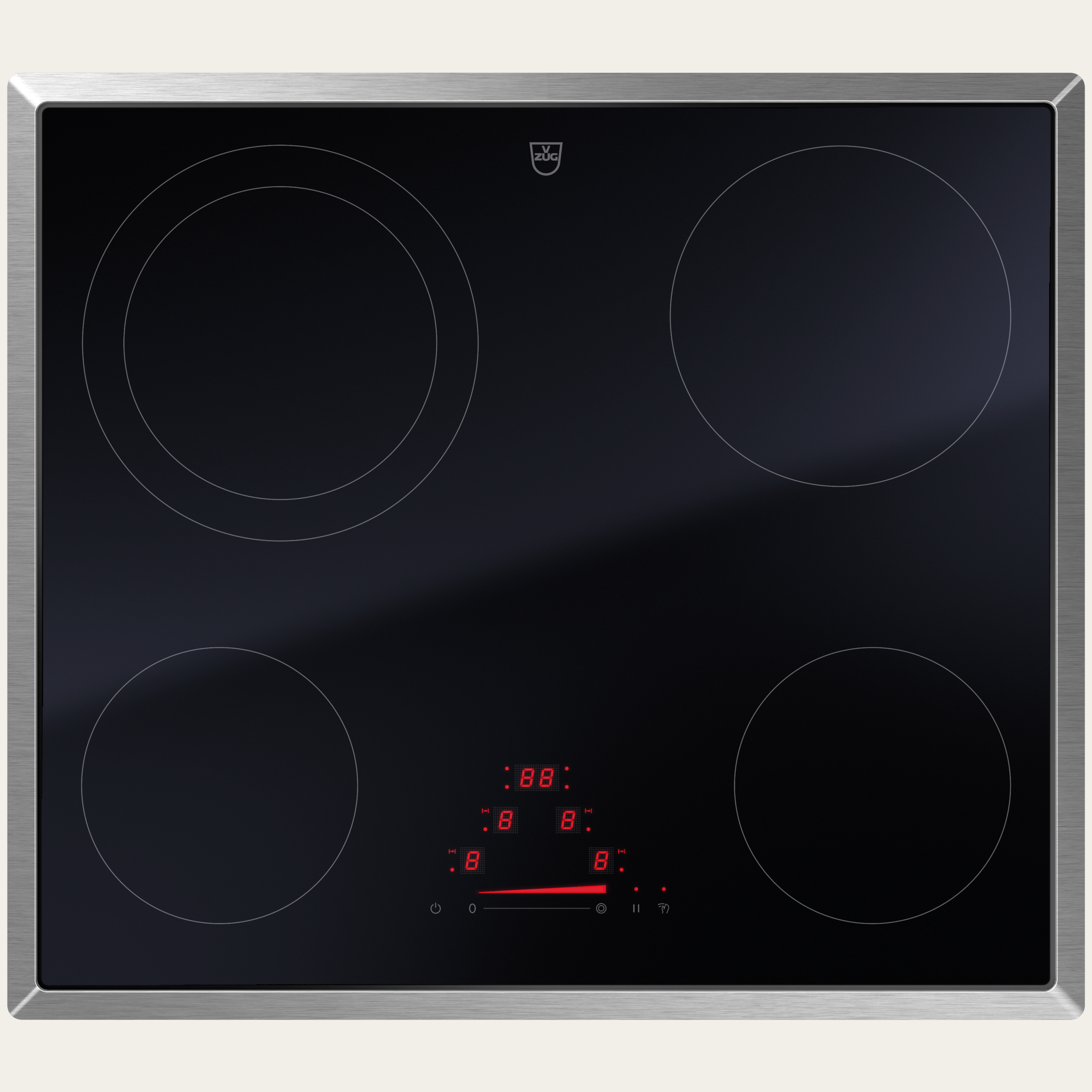 V-ZUG Hob CookTop V4000 A604, radiant heating element, Standard width: 60 cm, BlackDesign, OptiGlass, Chrome frame, Single slider, Slider control, Cooking zones: 4