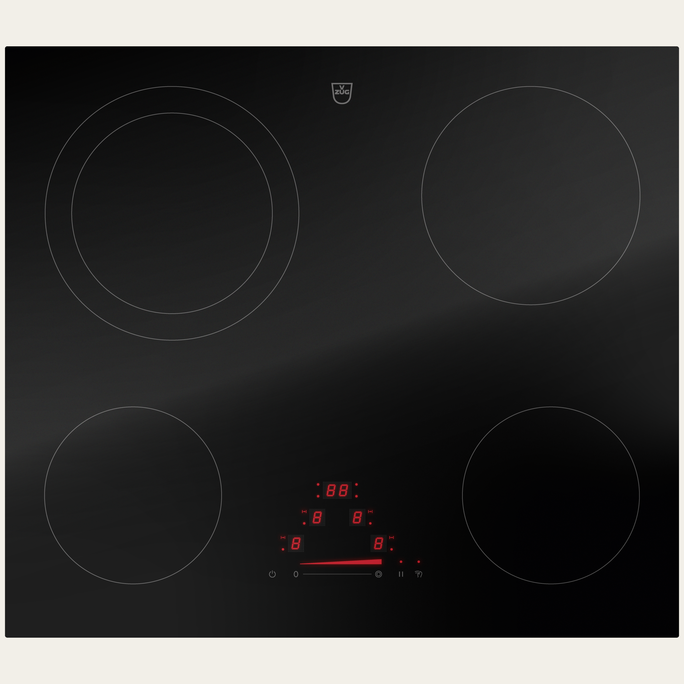 V-ZUG Table de cuisson CookTop V4000 A604, Corps de chauffe à rayonnement, Norme largeur: 60 cm, BlackDesign, DualDesign, Slidersimple, Commande par «slider», Zones de cuisson: 4
