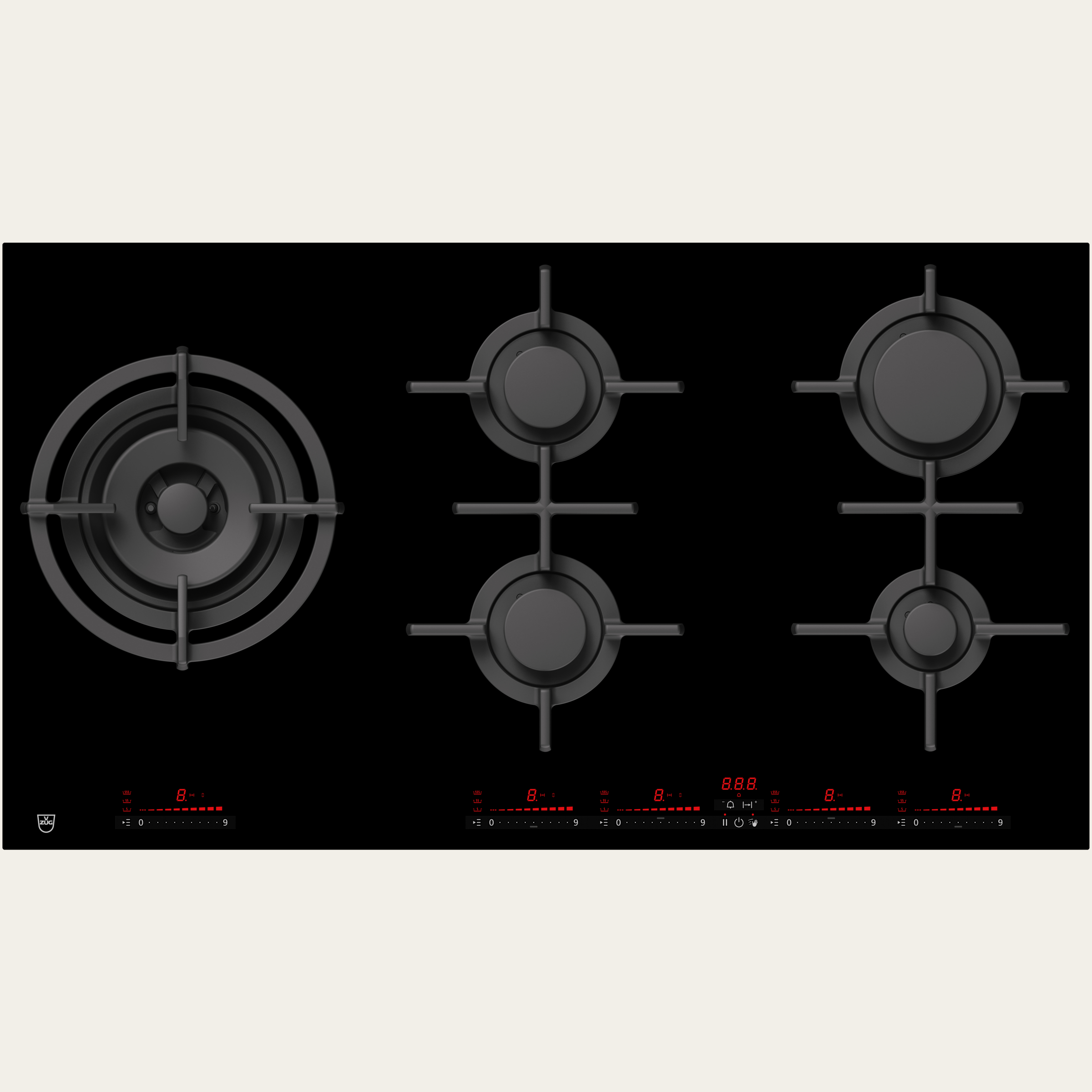 V-ZUG Hob GAS951GS, gas, Standard width: 90 cm, BlackDesign, DualDesign, Multi-Slider/direct selection, Slider control, Cooking zones: 5