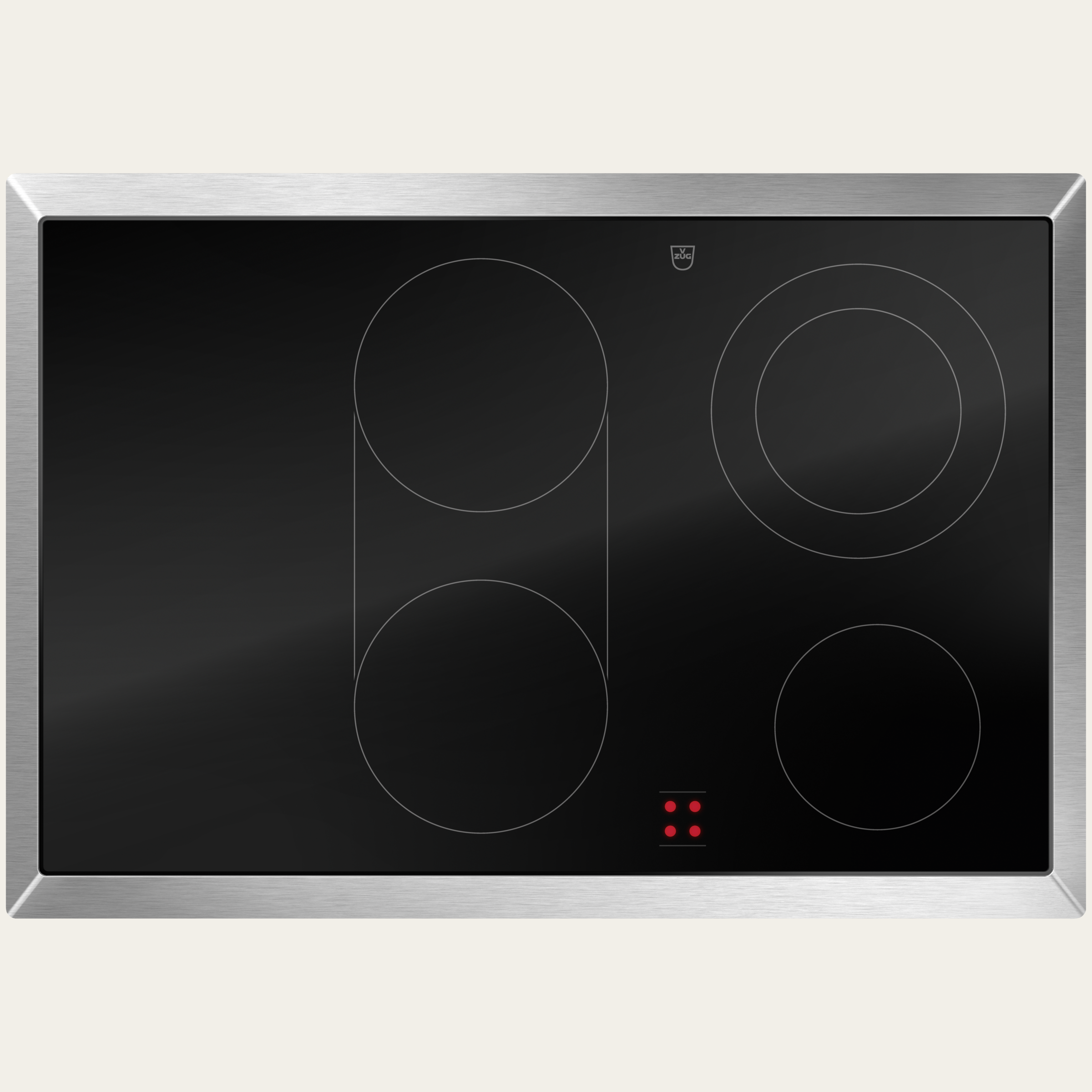 V-ZUG Table de cuisson CookTop V600 E804, Corps de chauffe à rayonnement, Norme largeur: 80 cm, BlackDesign, Cadre surdimensionné, Commande externe de la cuisinière / Commutateur rotatif, Zones de cuisson: 4