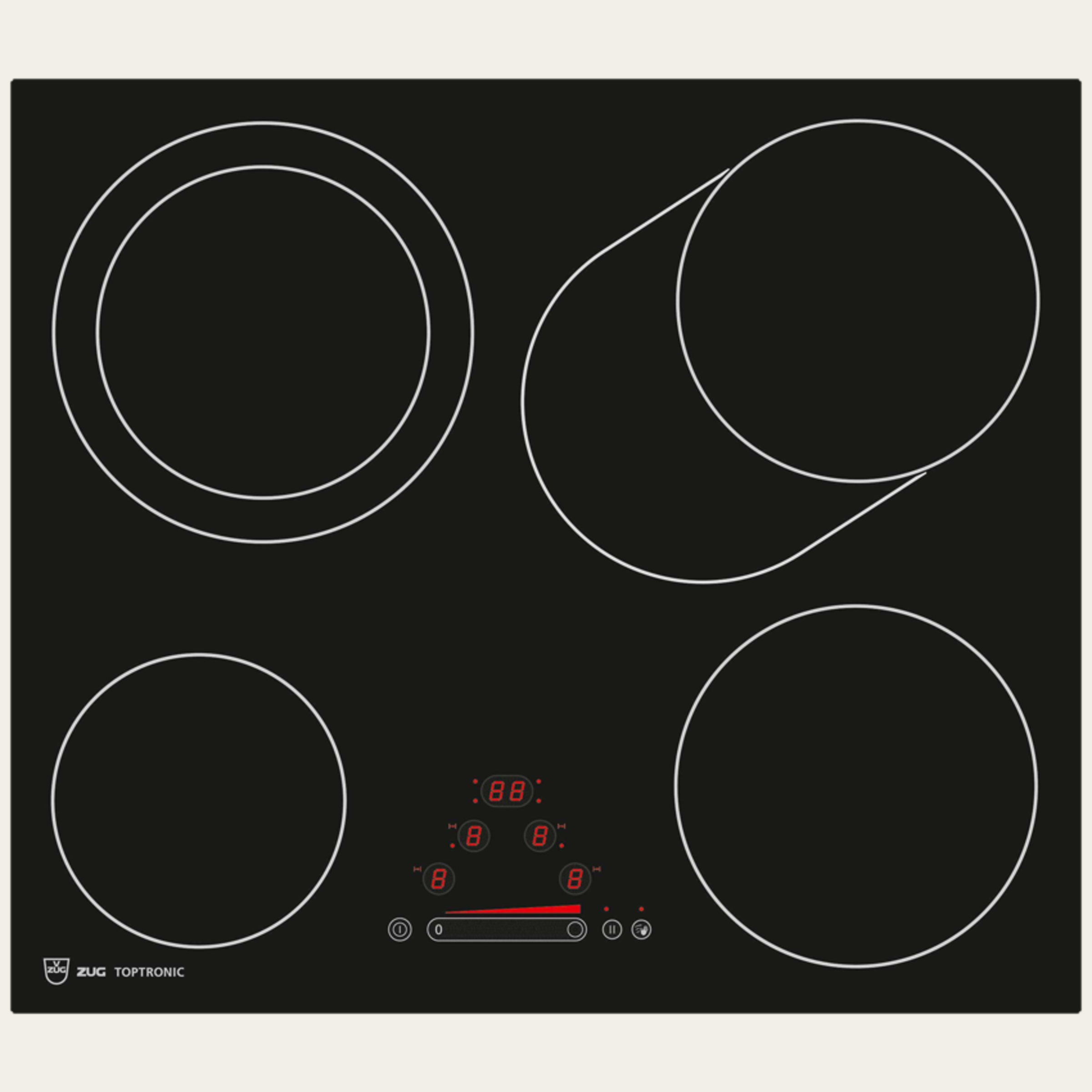 V-ZUG Piano cottura GK45TEBS, Radiatori di riscaldamento, Standard di larghezza: 60 cm, BlackDesign, piano continuo, Cursore singolo, Comando a cursore, Zone di cottura: 4