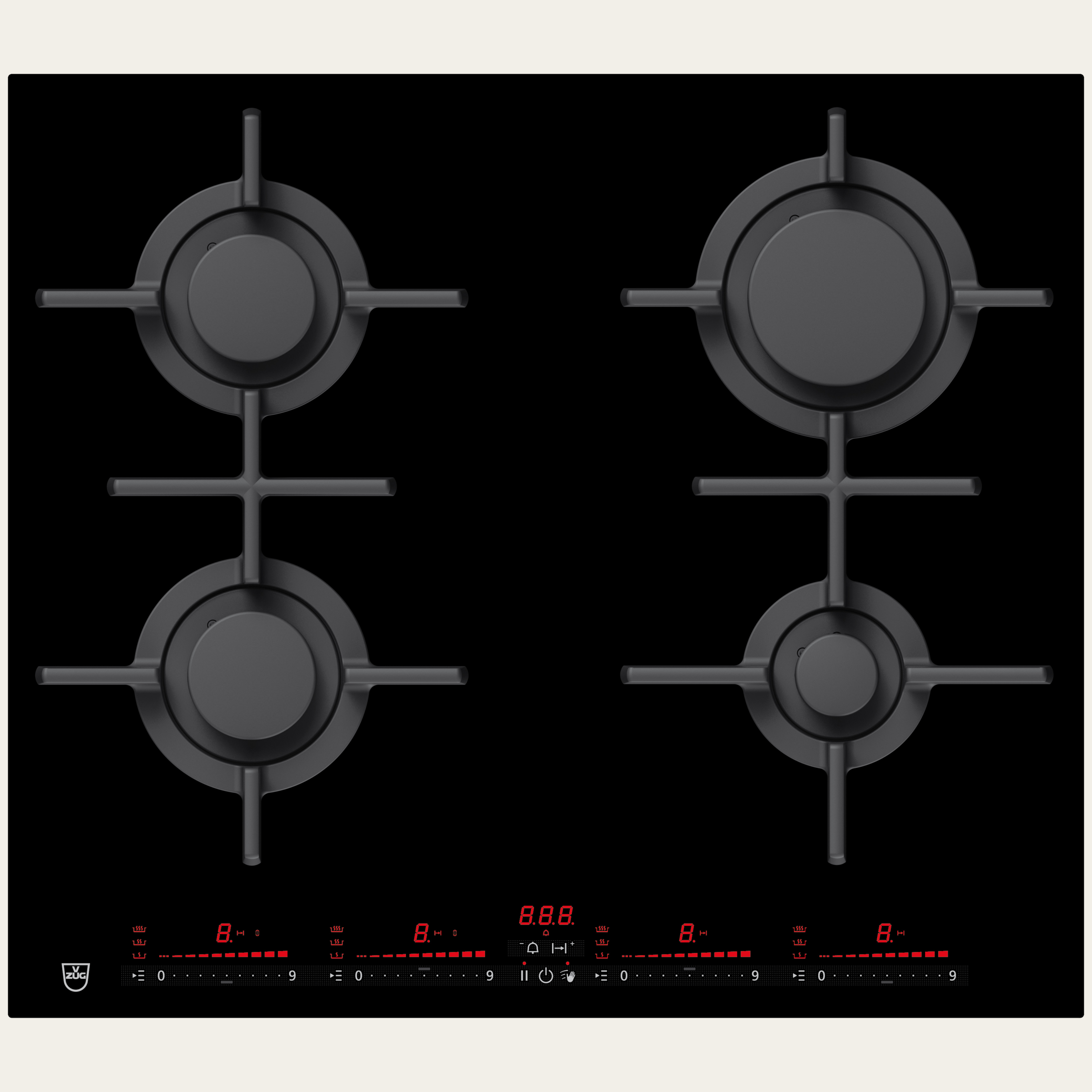 V-ZUG Piano cottura GAS641GS, Gas, Standard di larghezza: 60 cm, BlackDesign, DualDesign, Più comandi a cursore / selezione diretta, Comando a cursore, Zone di cottura: 4