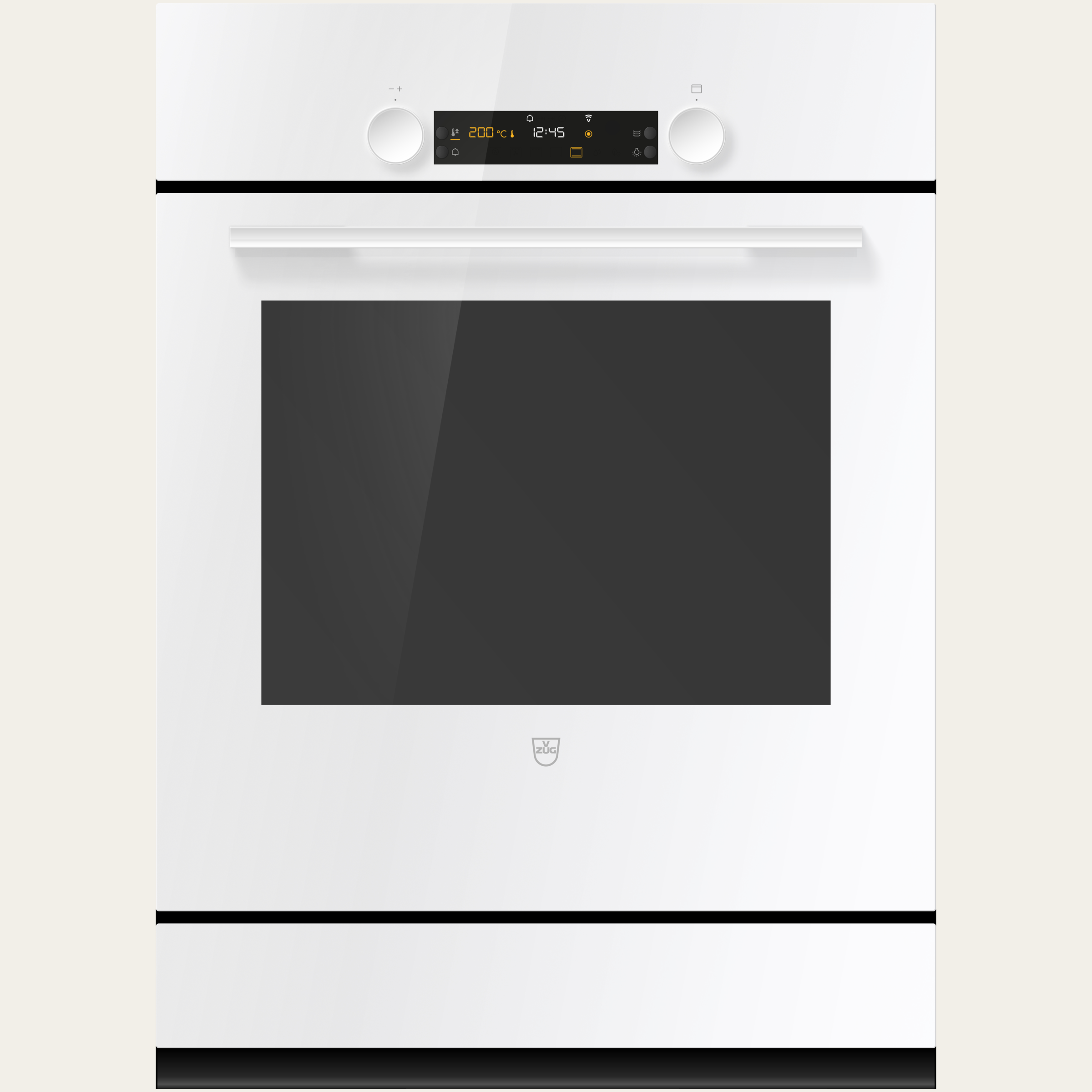 V-ZUG Backofen Combair V600 7UC, Breitennorm: 55 cm, Höhennorm: 76.2 cm, Glas Weiss, Griff: Weiss, Einbau in Unterschrank, Drehschalter, V-ZUG-Home, Geräteschublade