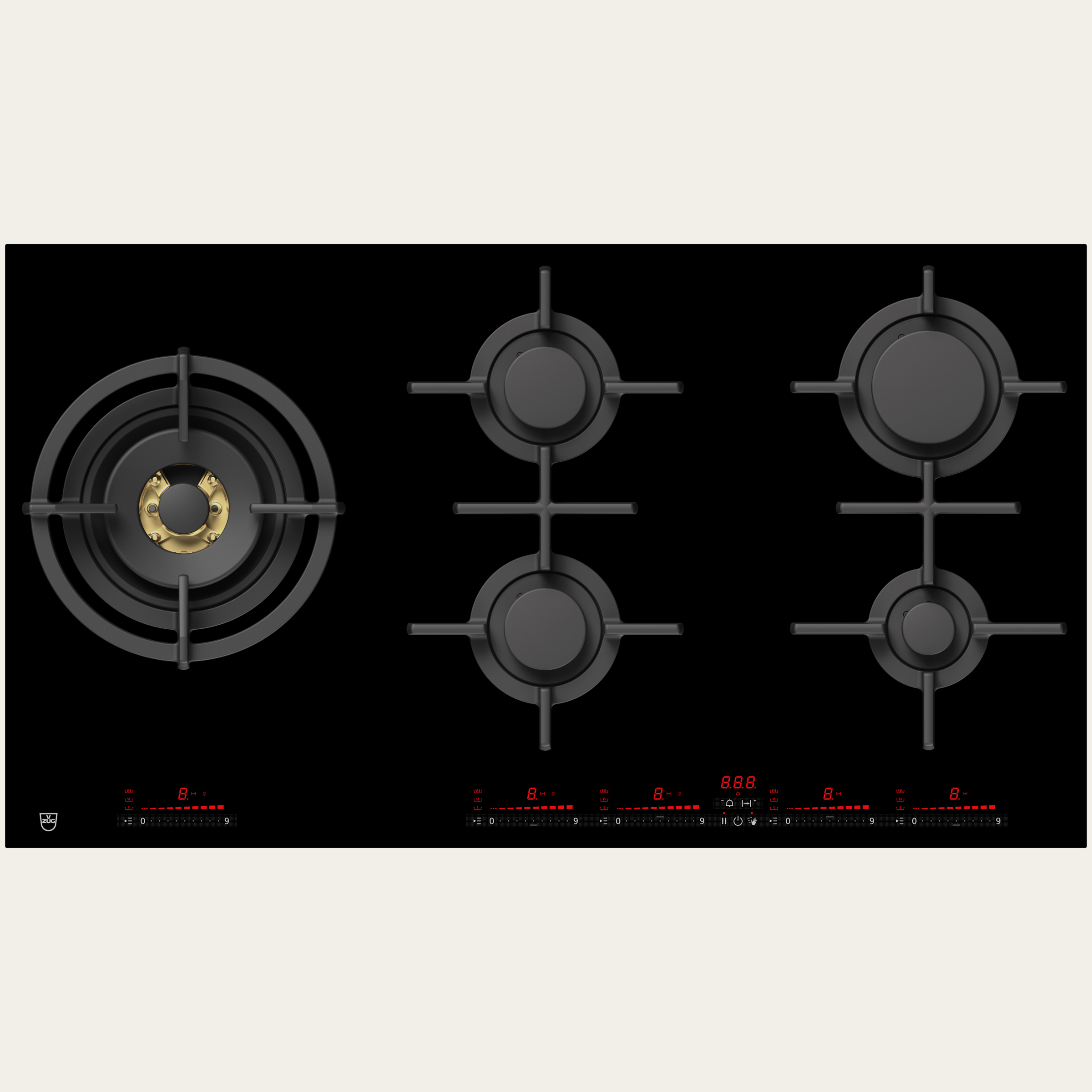 V-ZUG Kogeplade GAS951GS, Gas, Breddestandard: 90 cm, BlackDesign, DualDesign, Multi Slider/Direct Dial, Slider-betjening, Kogezoner: 5