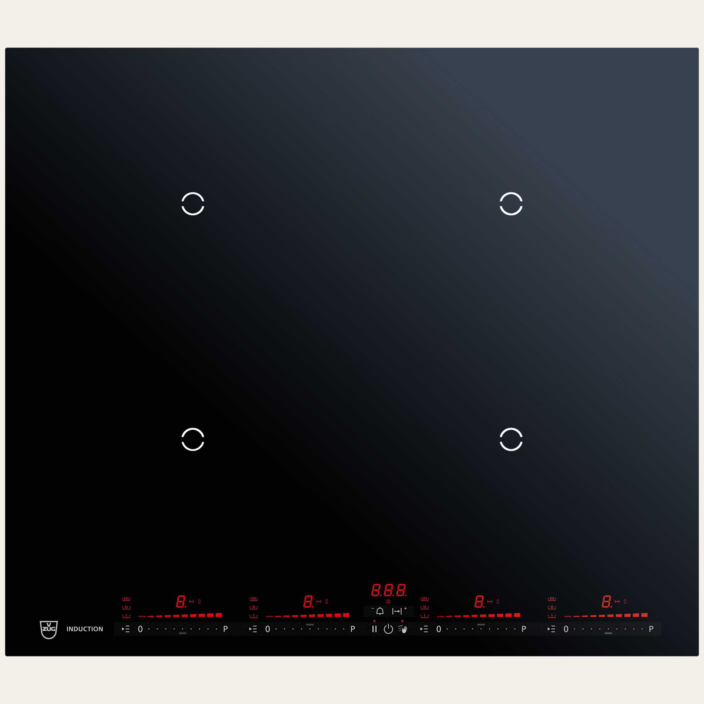 V-ZUG Hob CookTop V4000 I604, Induction, Standard width: 60 cm, BlackDesign, OptiGlass, DualDesign, OptiLink, Multi-Slider/direct selection, Slider control, Cooking zones: 4
