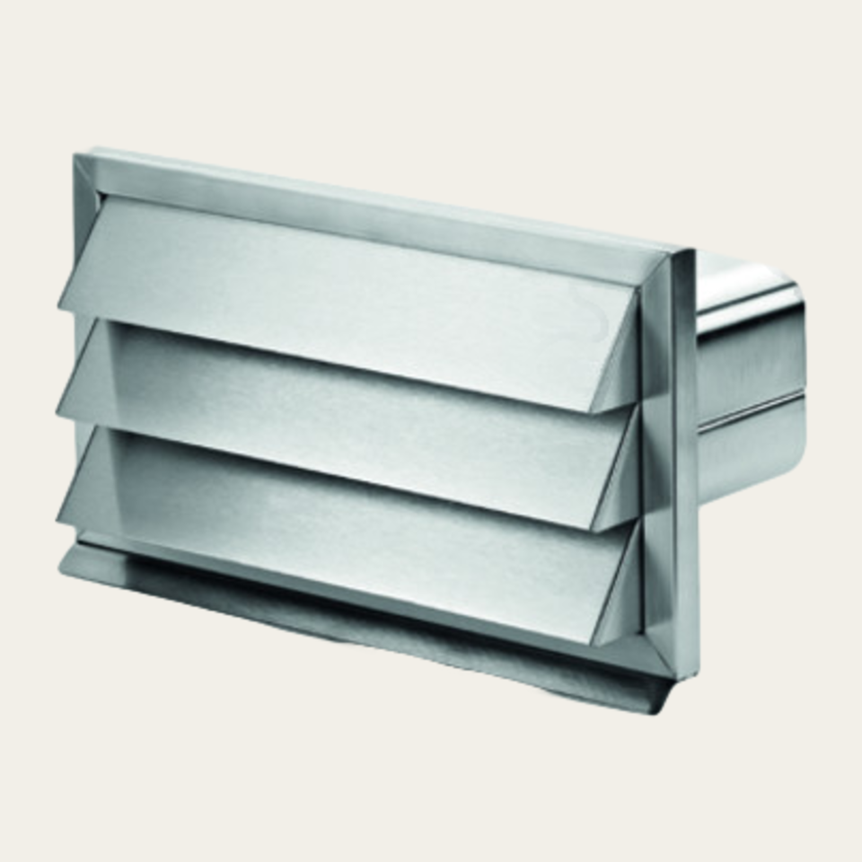 Weather protection louvre, stainless steel with non-return flap 290 × 160 mm for connection to flat channel (width 222 mm/height 89 mm)