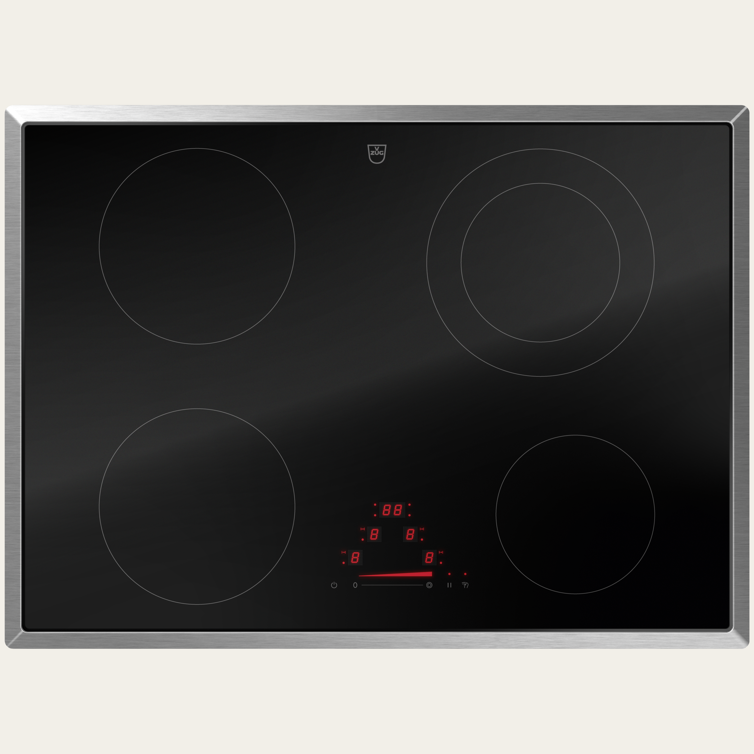 V-ZUG Table de cuisson CookTop V4000 A704, Corps de chauffe à rayonnement, Norme largeur: 70 cm, BlackDesign, Cadre chrome, Slider simple, Commande par «slider», Zones de cuisson: 4