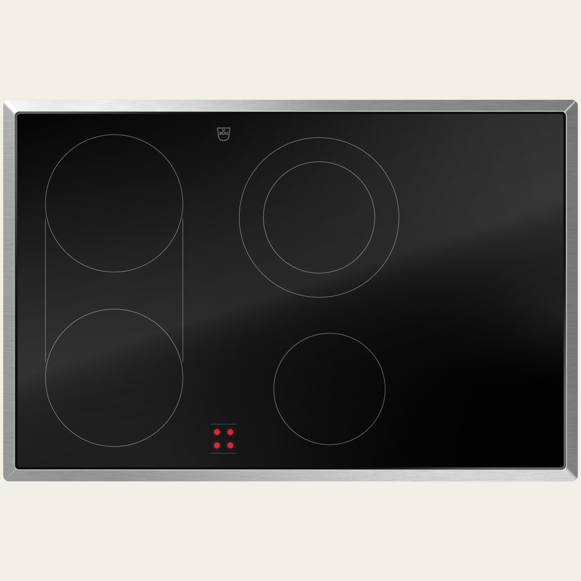 V-ZUG Table de cuisson CookTop V600 E804, Corps de chauffe à rayonnement, Norme largeur: 80 cm, BlackDesign, Cadre chrome, Commande externe de la cuisinière / Commutateur rotatif, Zones de cuisson: 4