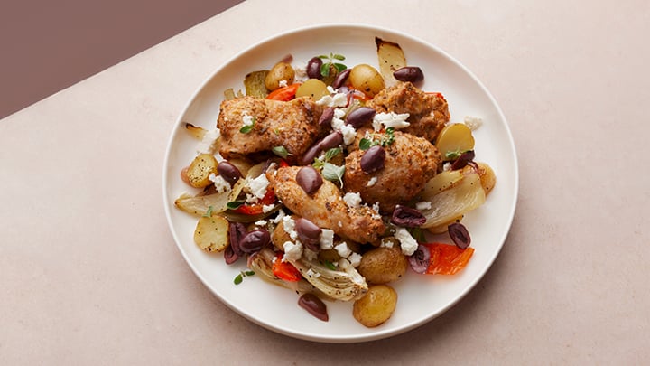Oven-baked dish of chicken and vegetables