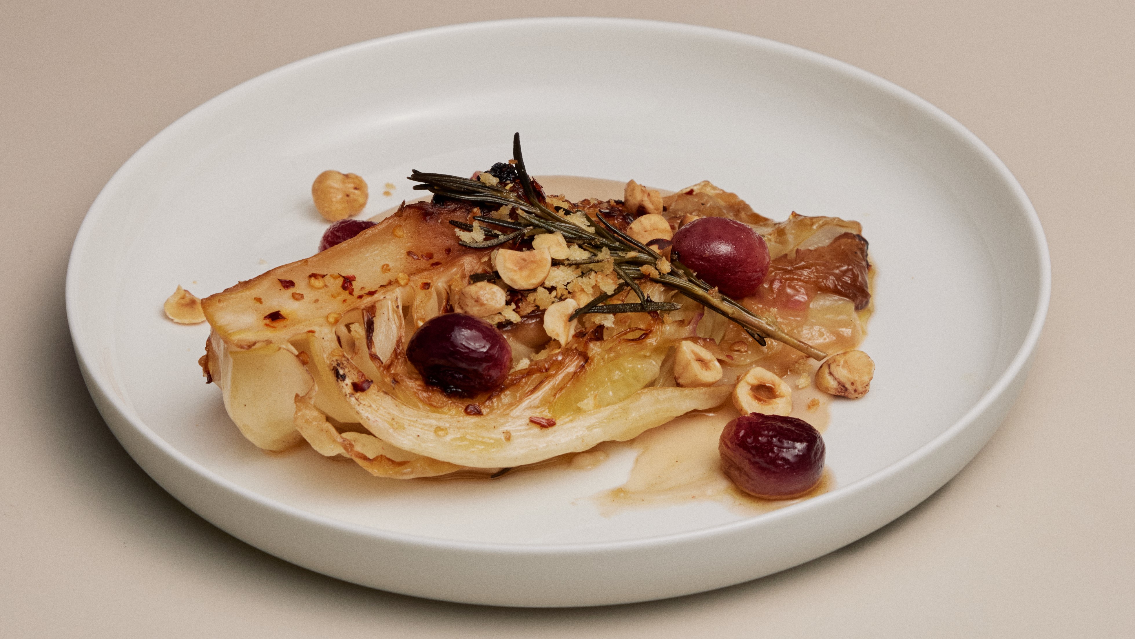 Braised pointed cabbage with bean purée