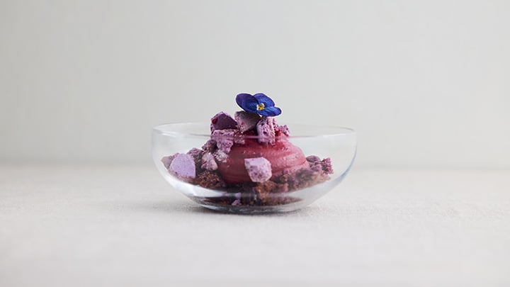 Blueberry and violet curd with crumble and meringue