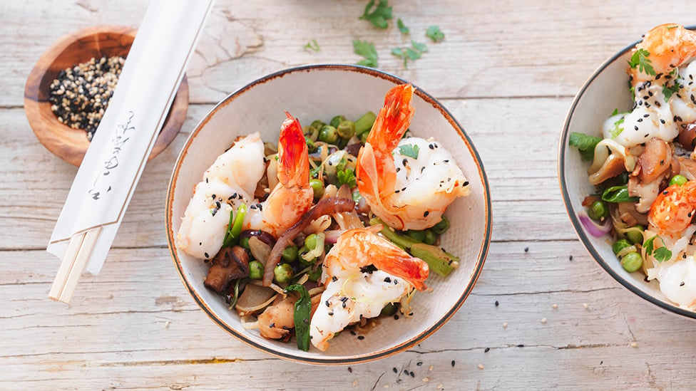 Wok de légumes sautés aux crevettes