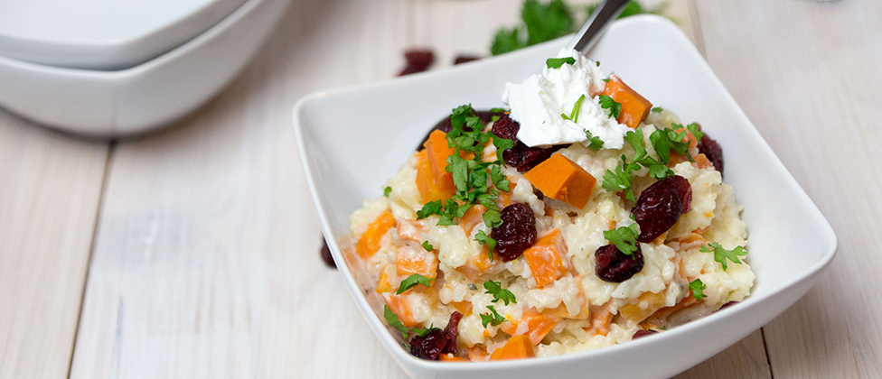 Risotto à la patate douce, au chèvre frais et aux canneberges