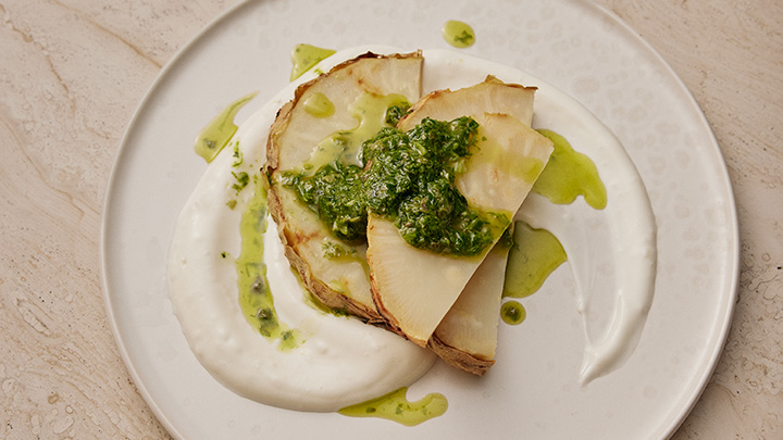 Roasted celeriac with salsa verde and garlic yogurt
