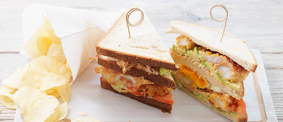 Club sandwich with crispy prawns